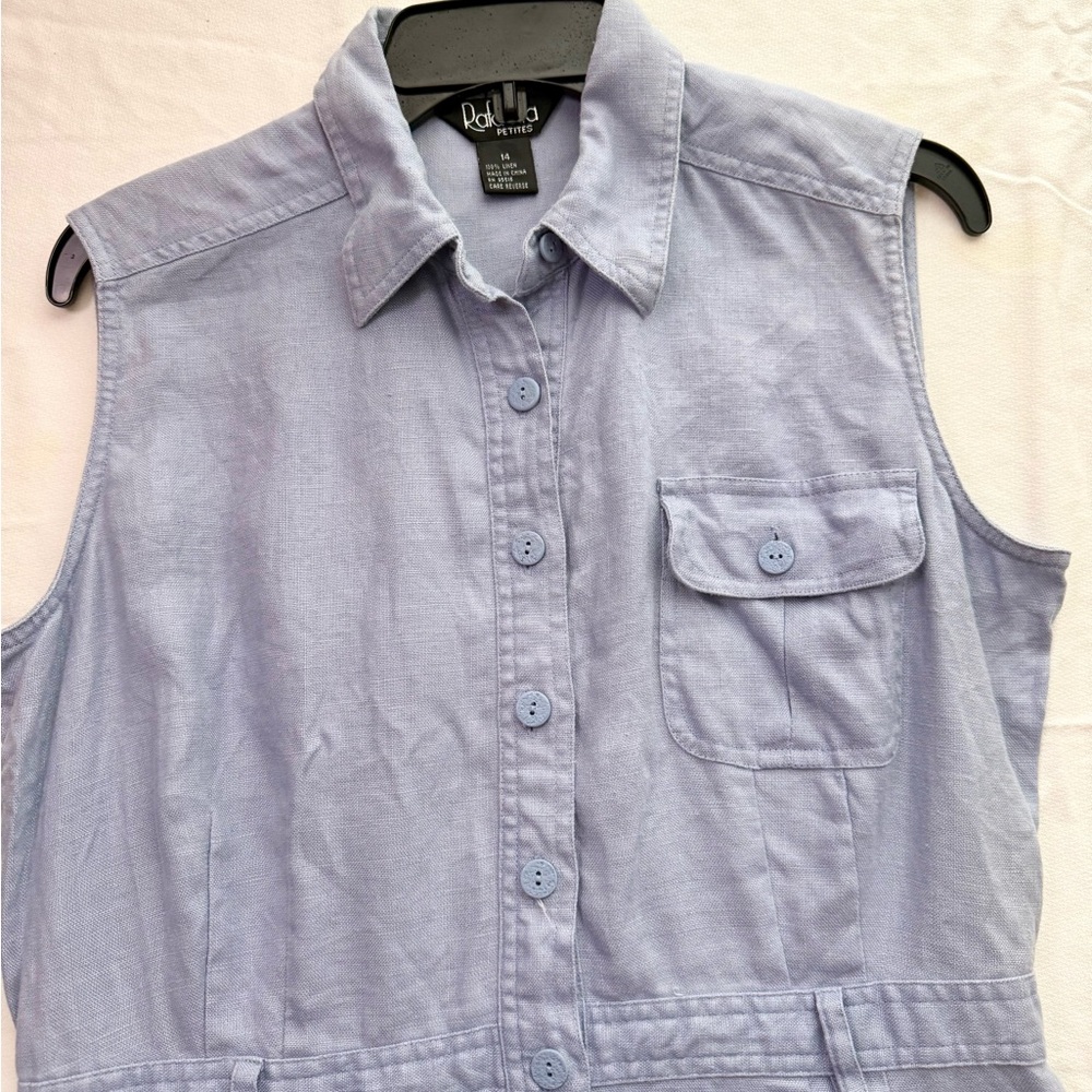 Rafaella Sleeveless 100% linen Button-Down Shirt Dress in Light Blue July 4th